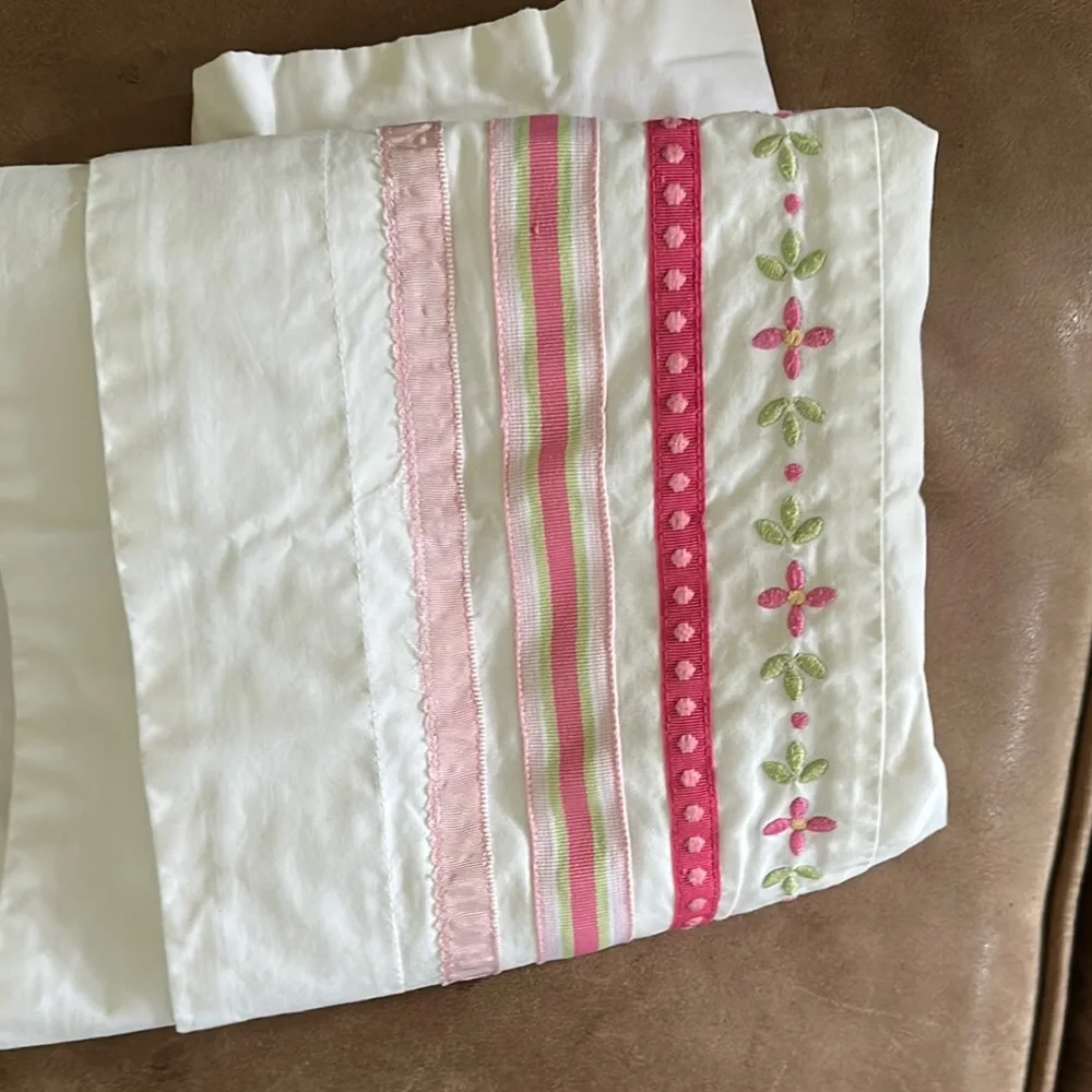 Pottery Barn Kids Pink and Green Ribbon Stripe Floral Pillow Sham - Picture 8 of 8